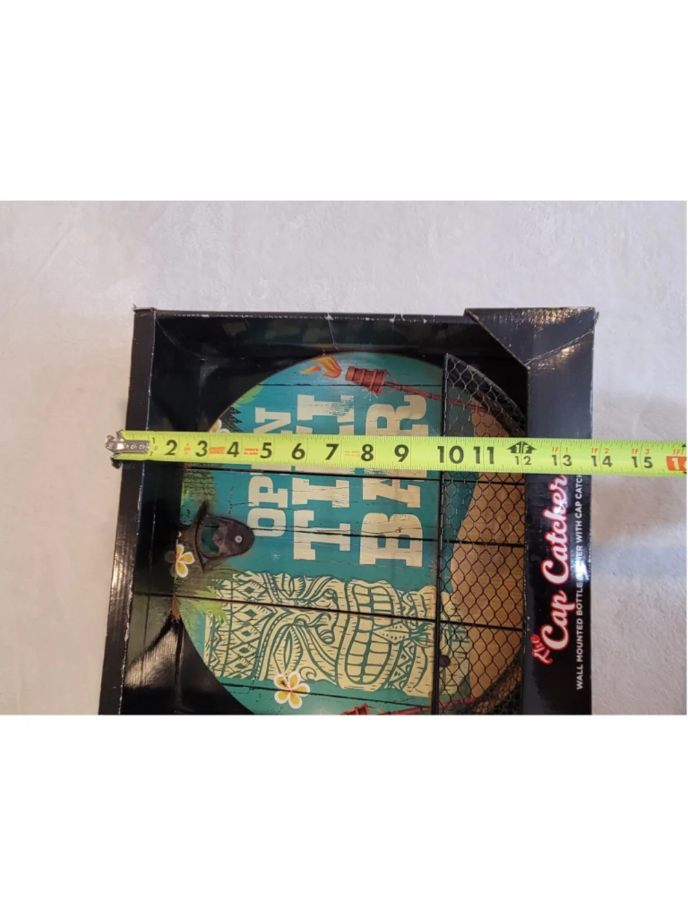 NIB Open Tiki Bar Wall Mounted Bottle Opener with Wire Cap Catcher Wood Plaque